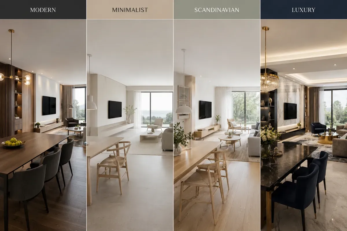 So sánh các phong cách nội thất hiện đại, tối giản, Scandinavian và Luxury.