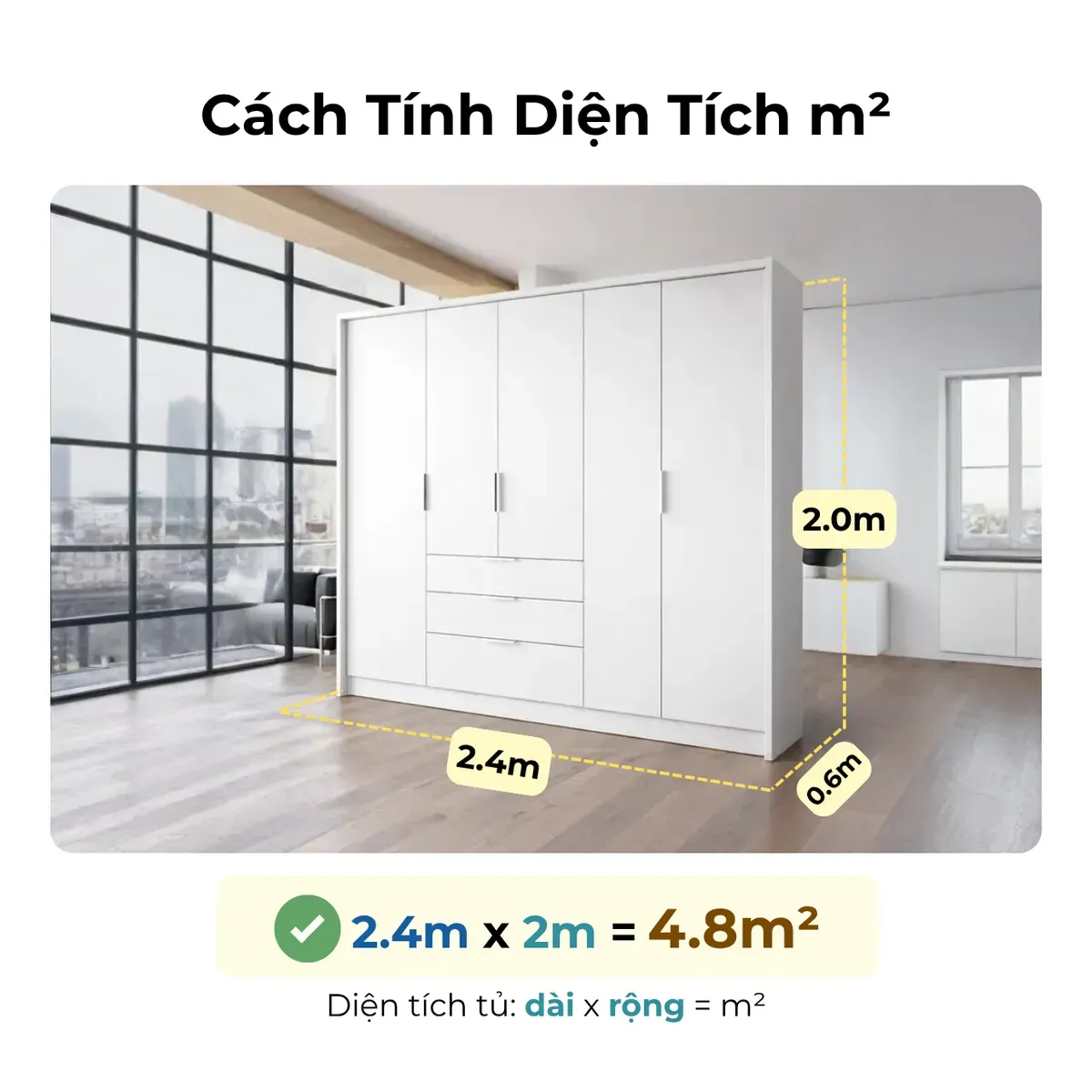 Cách tính m2 tủ quần áo theo kích thước cao rộng