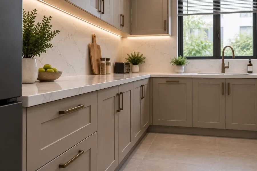 Cánh Shaker khung truyền thống màu nâu taupe, kết hợp tay nắm màu đồng tối và mặt đá trắng vân xám.