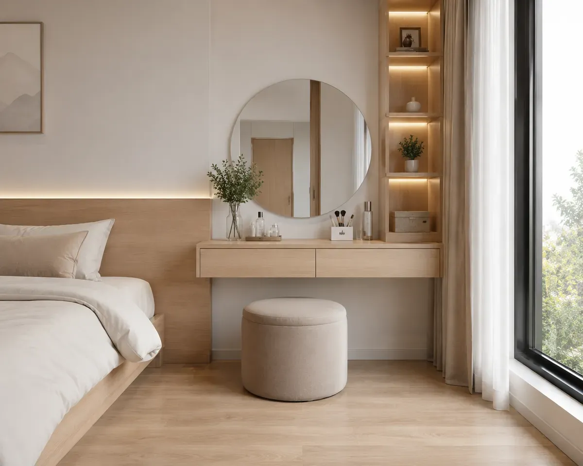 Bàn trang điểm treo tường được cố định lên tường thay vì sử dụng chân bàn truyền thống.