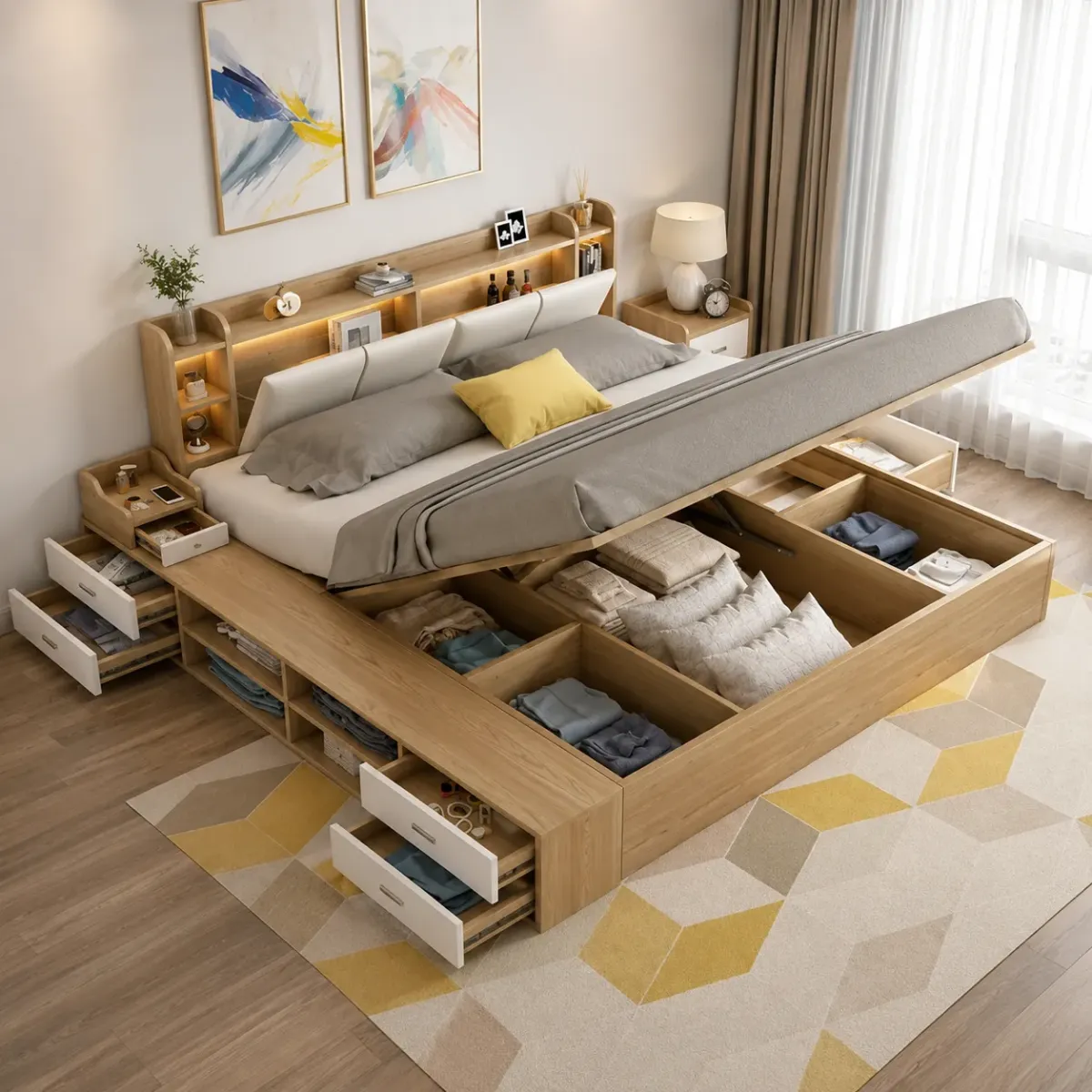 Giường ngủ thông minh được thiết kế kết hợp giữa khu vực nghỉ ngơi và các tiện ích lưu trữ.