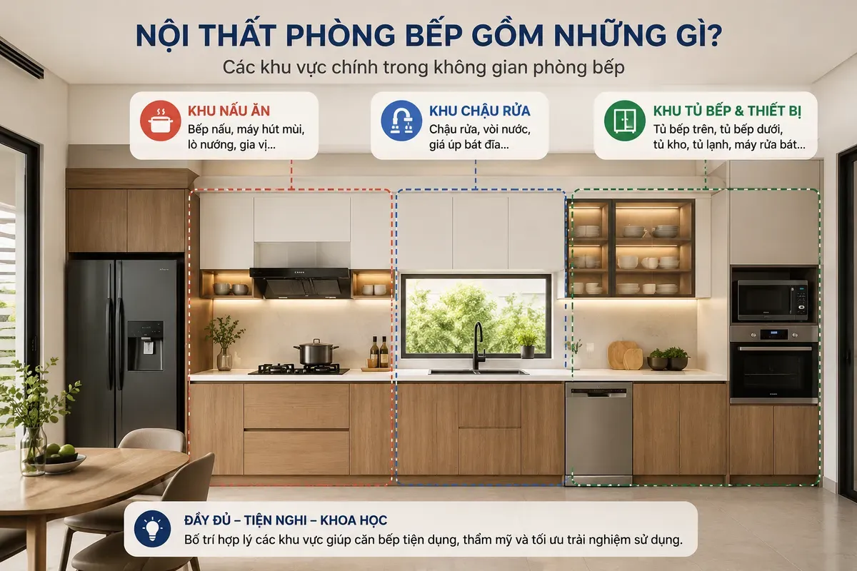 Các khu vực chính trong không gian phòng bếp