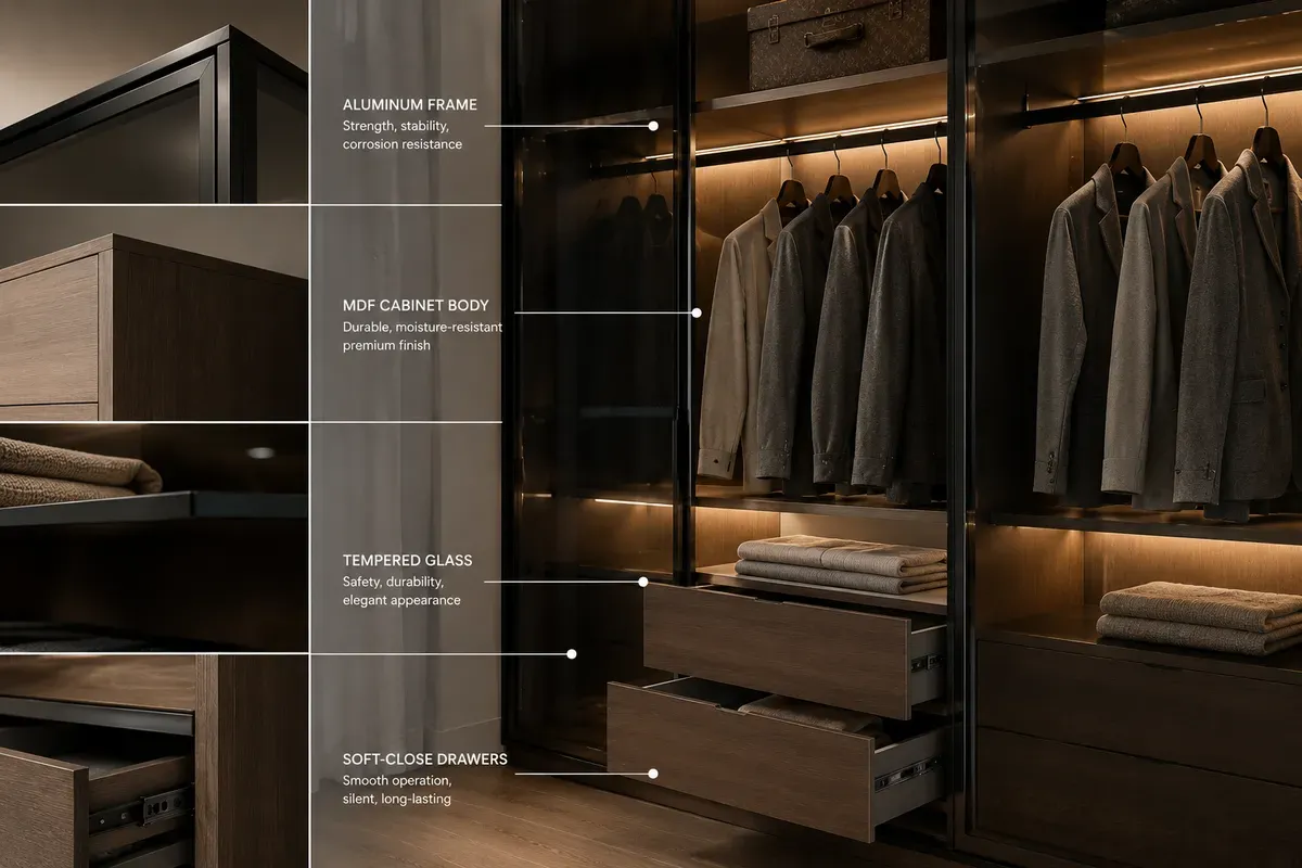 Tủ áo cánh kính thường gồm kính cường lực, khung nhôm và phần thùng tủ MDF giúp cân bằng độ bền và tính thẩm mỹ.