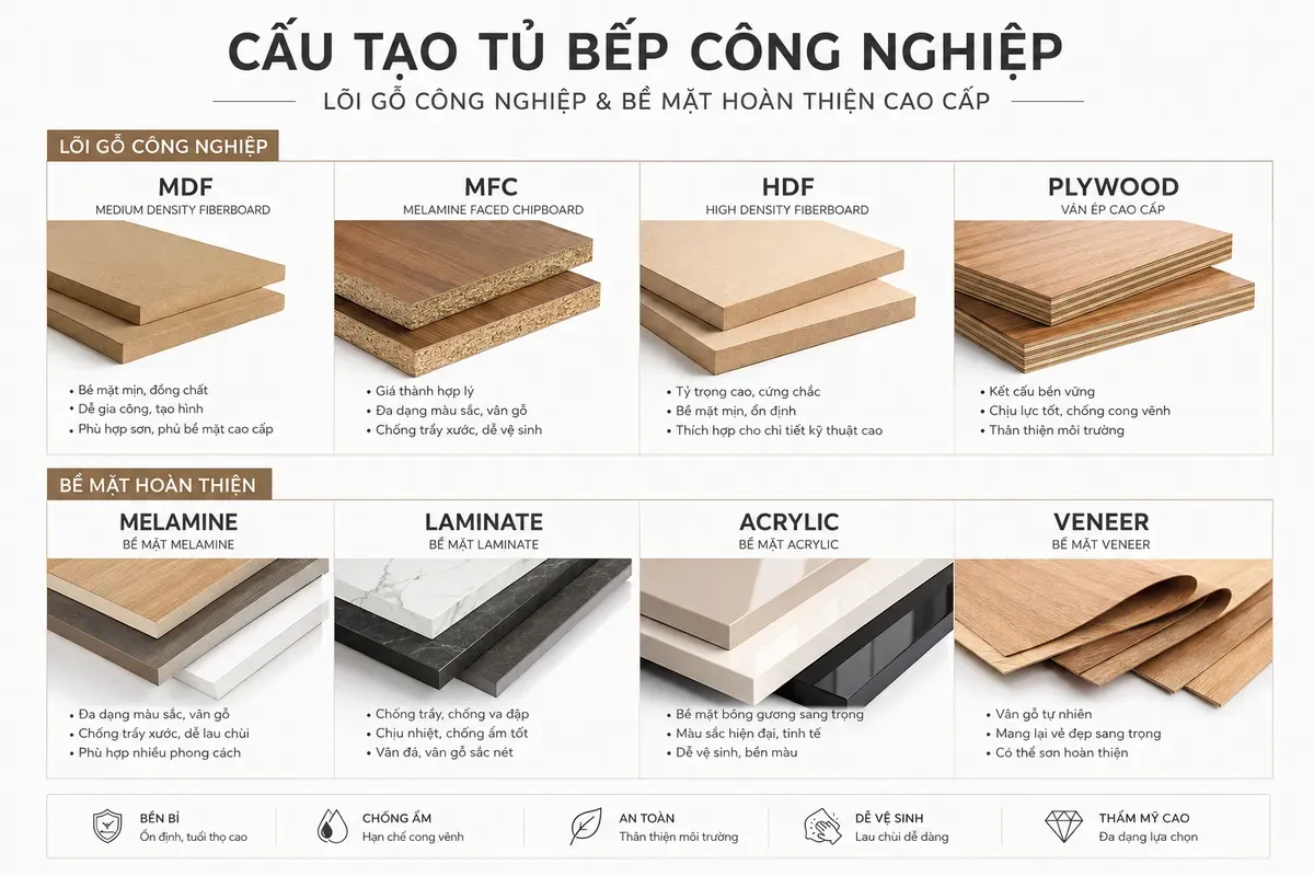 Cấu tạo của tủ bếp gỗ công nghiệp
