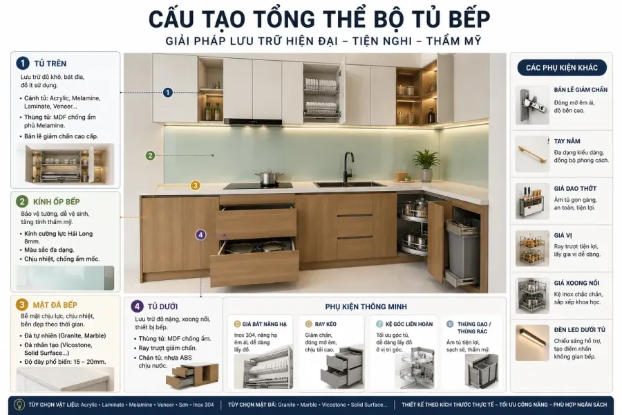 Một bộ tủ bếp hoàn chỉnh thường bao gồm tủ trên, tủ dưới, mặt đá và phụ kiện bếp.