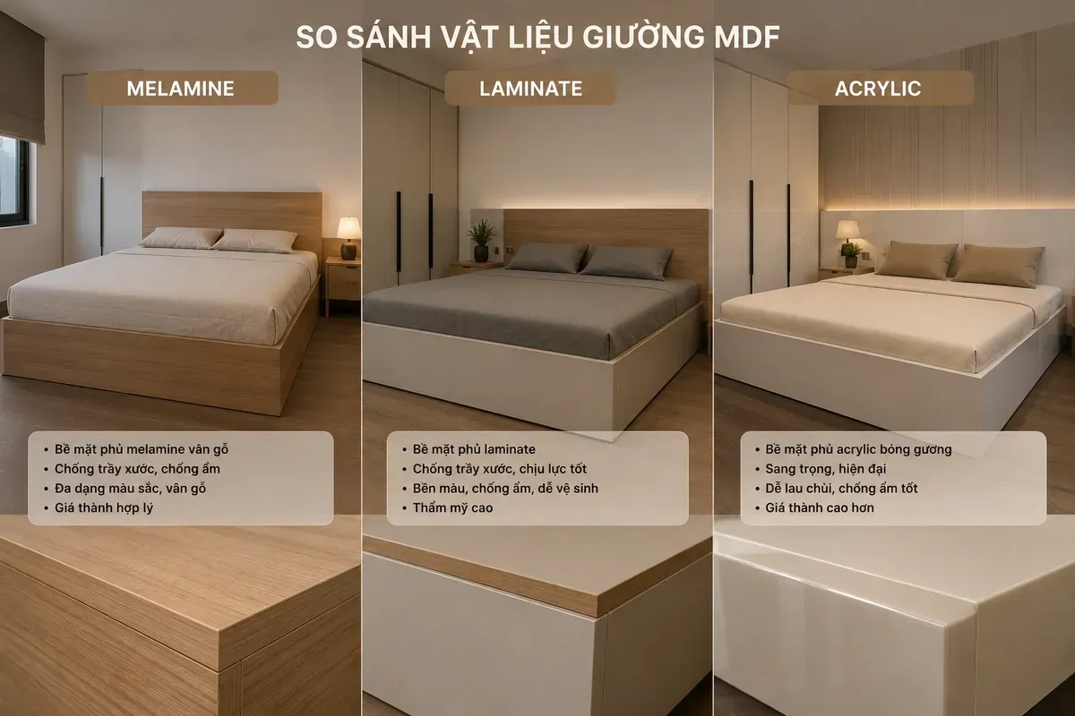 So sánh các bề mặt Melamine, Laminate và Acrylic sử dụng cho giường ngủ.