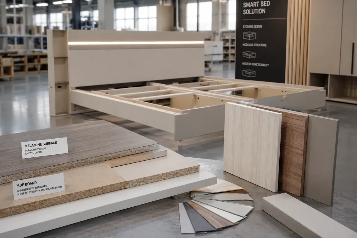 Giường giật cấp thường sử dụng gỗ công nghiệp MDF, MDF chống ẩm hoặc MFC kết hợp lớp phủ bề mặt giúp tăng độ bền và tính thẩm mỹ.