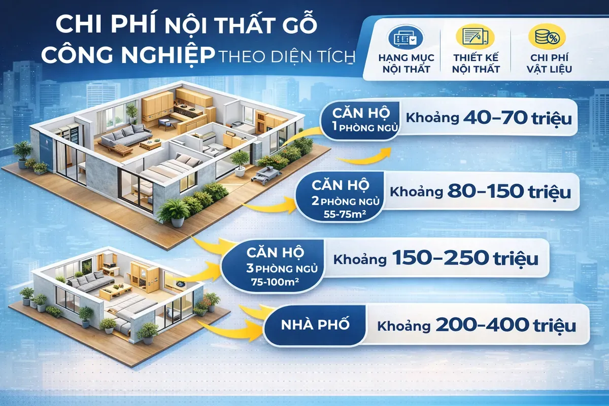Chi phí nội thất gỗ công nghiệp theo diện tích căn hộ