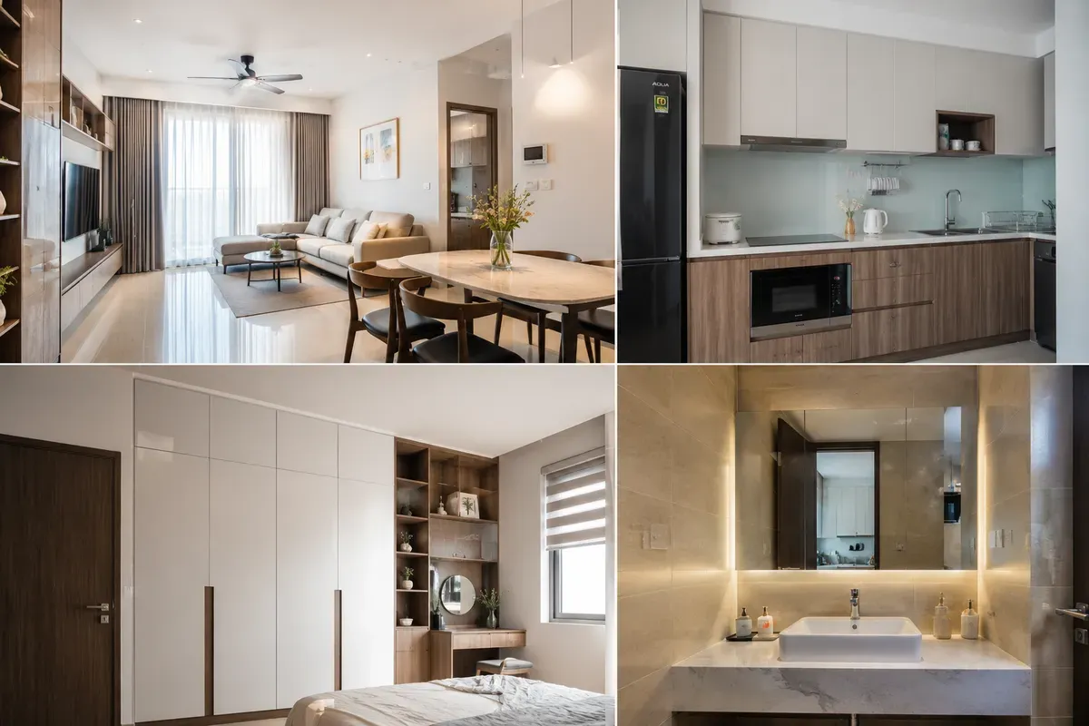 Minh họa các hạng mục nội thất phổ biến trong căn hộ 60m² gồm phòng khách, tủ bếp và phòng ngủ.