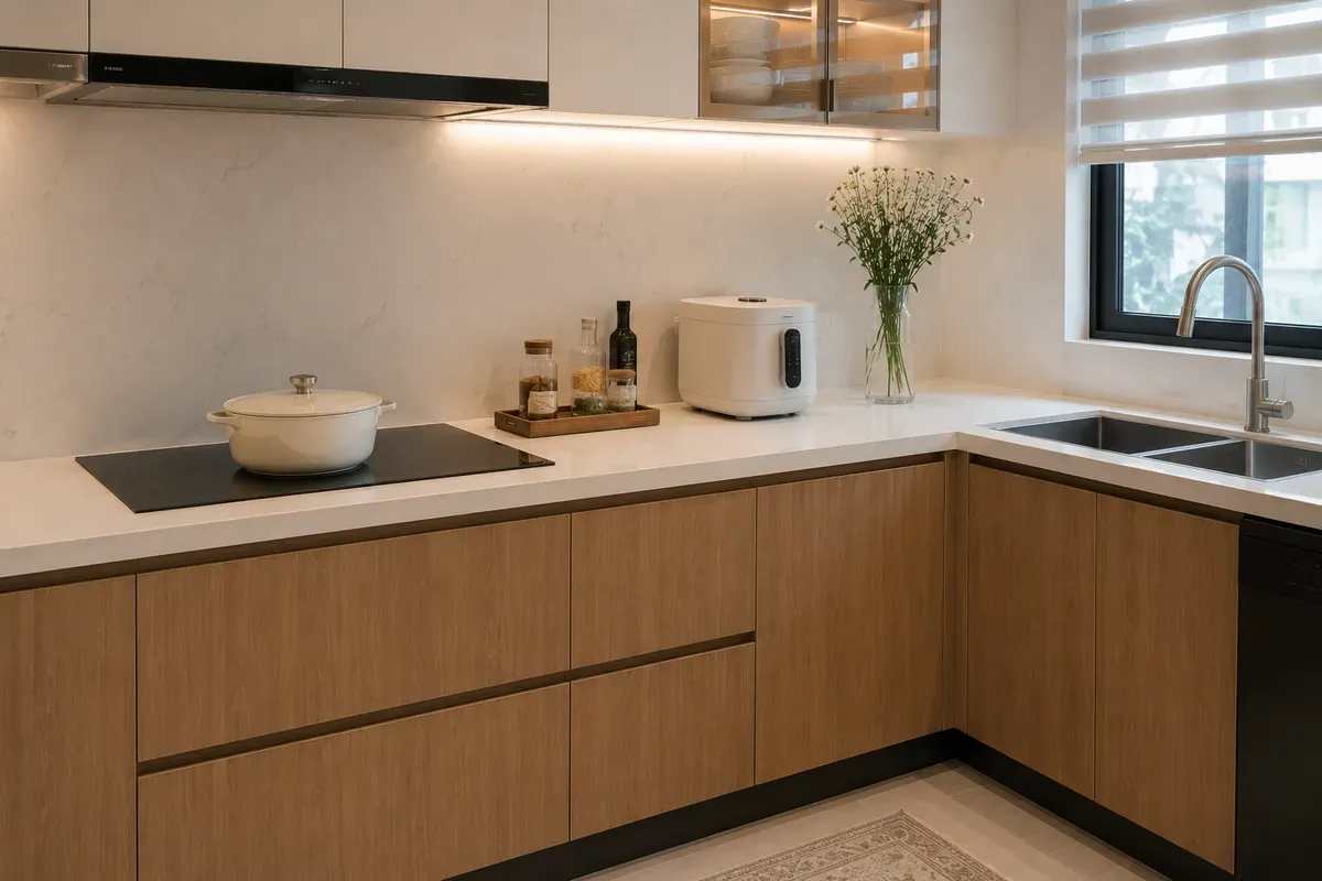 Chiều cao tủ bếp dưới phù hợp giúp thao tác nấu nướng thoải mái hơn.