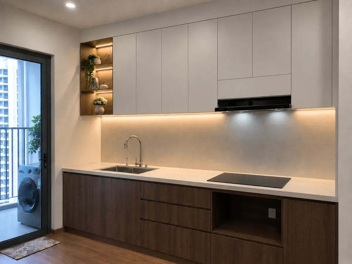 Chiều cao tủ bếp trên phù hợp giúp thao tác thuận tiện và tối ưu không gian lưu trữ.