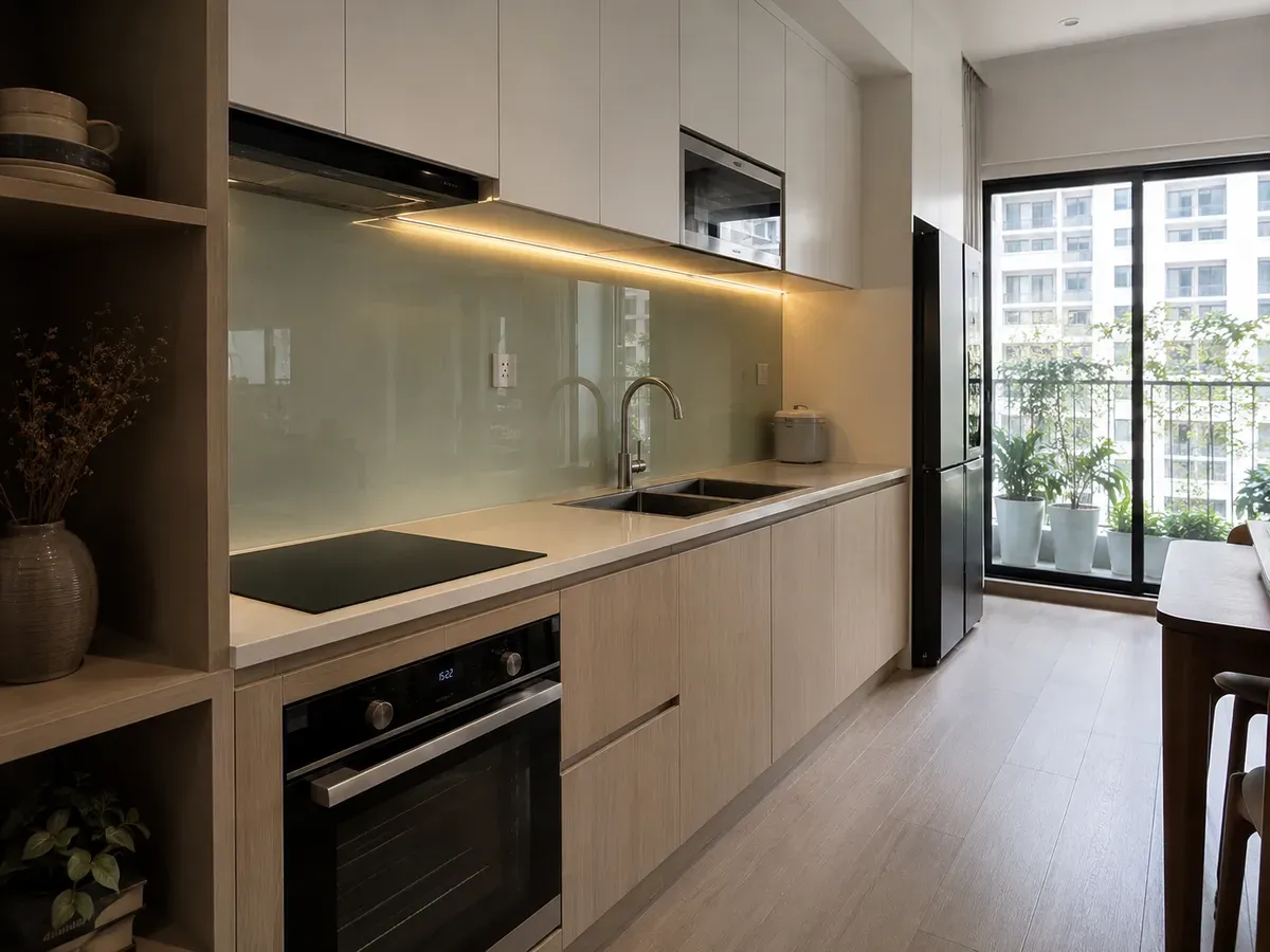 Chiều sâu tủ bếp dưới ảnh hưởng đến công năng và khả năng lưu trữ.