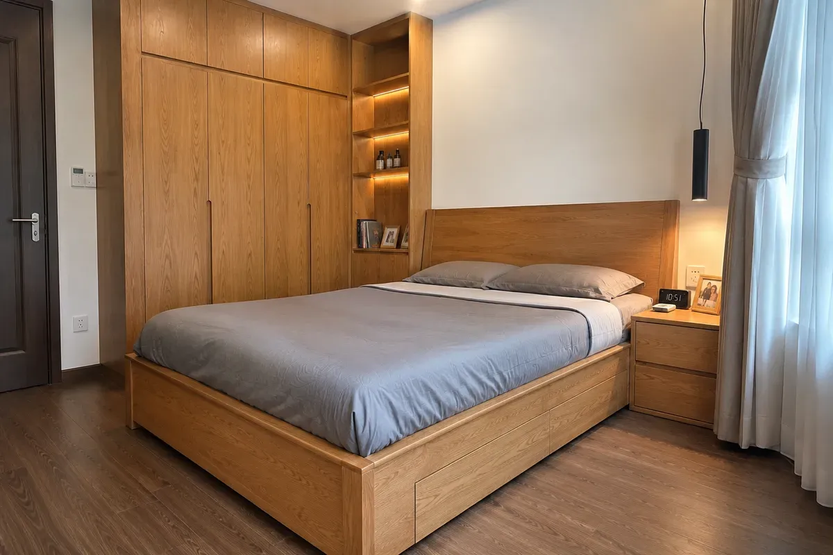 Giường Ngủ Gỗ Sồi Đẹp, Hiện Đại, Đóng Theo Yêu Cầu Tại Xưởng