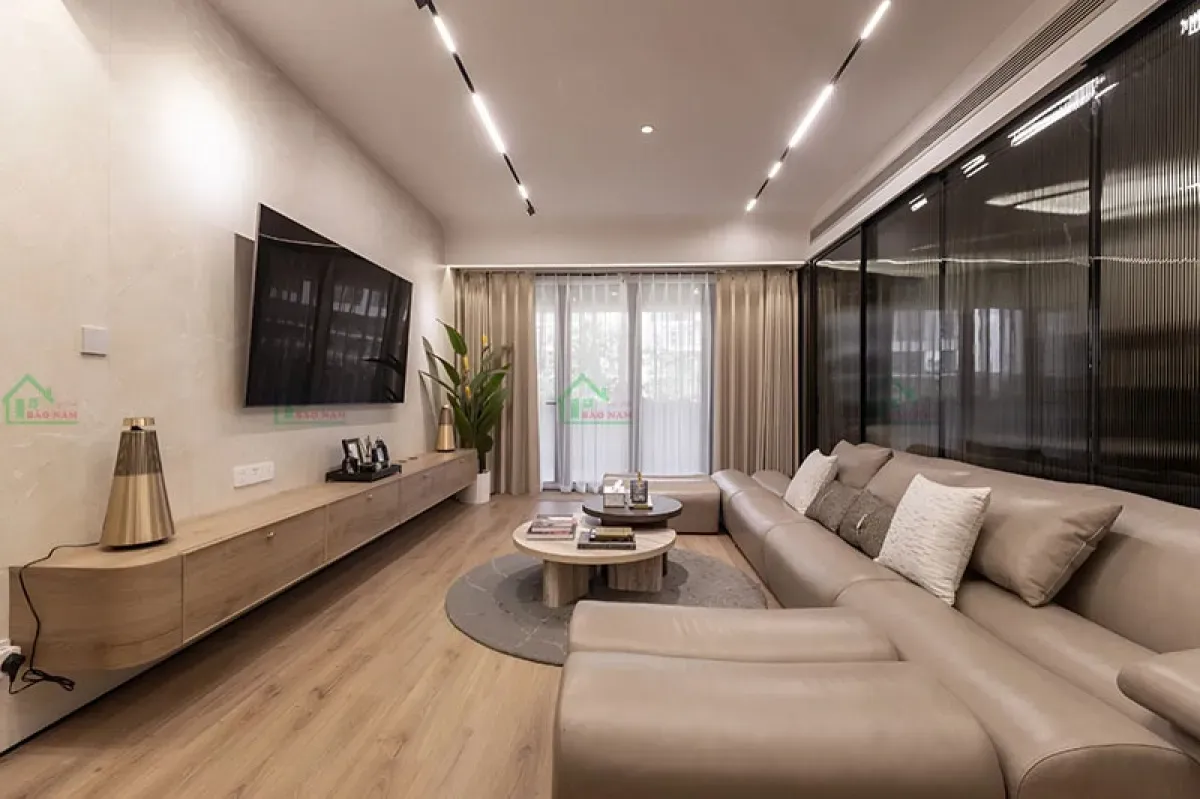 Công trình thi công nội thất phòng khách căn hộ đã hoàn thiện.