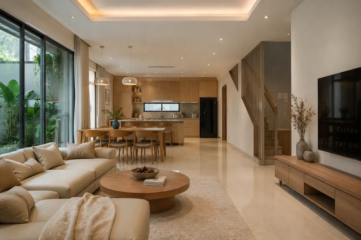 Công trình nội thất nhà ở hoàn thiện với phong cách hiện đại.