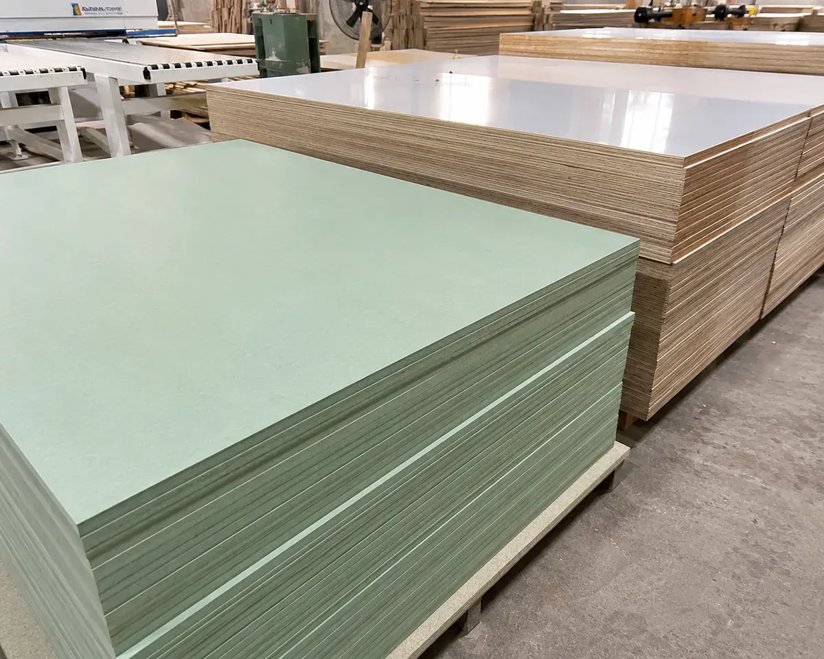 Cốt gỗ MDF chống ẩm và Plywood là hai lựa chọn phổ biến khi thi công tủ bếp Acrylic.
