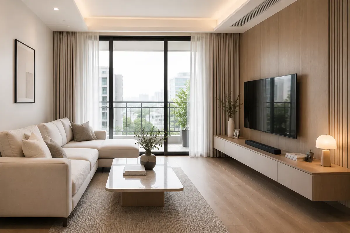Nội thất hiện đại sử dụng gam màu trung tính và đường nét tinh gọn.