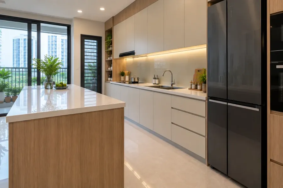 Đảo bếp được bố trí đối diện hệ tủ chính, bổ sung mặt bàn sử dụng và các khoang lưu trữ phía dưới.