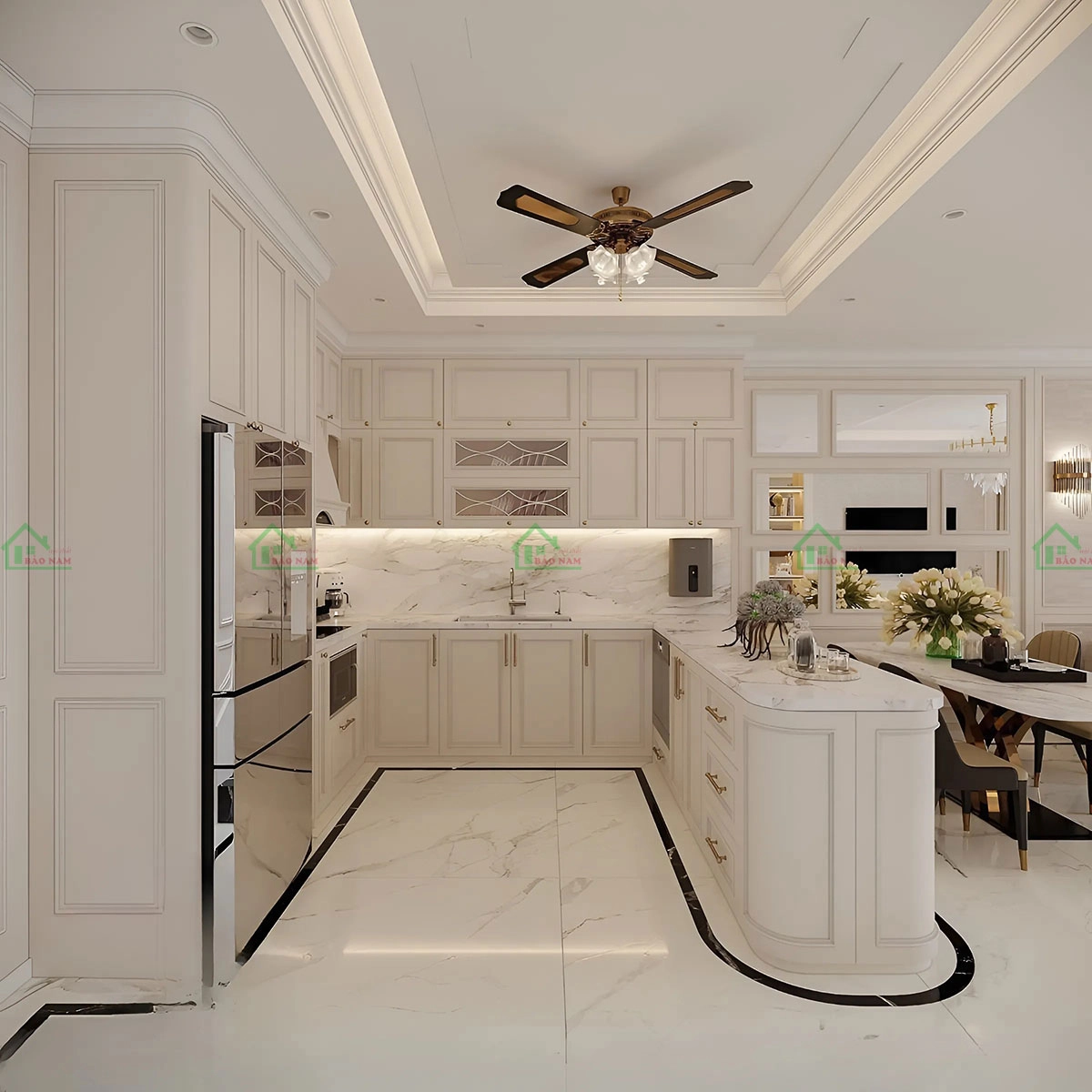 Tủ bếp cổ điển làm từ gỗ tự nhiên cao cấp, chạm khắc tinh xảo, mang vẻ đẹp sang trọng và hoài cổ.
