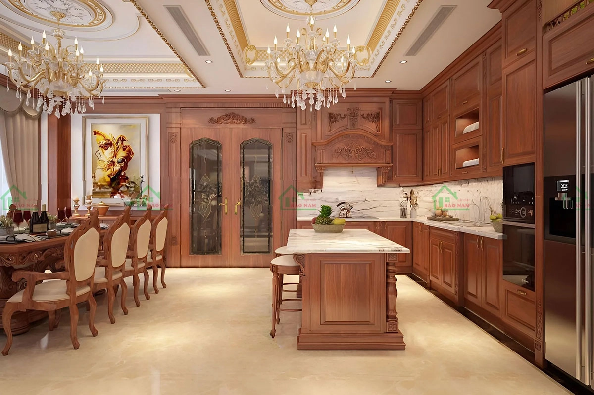 Tủ bếp gỗ căm xe cao cấp, màu sắc tự nhiên, độ bền vượt trội, tạo điểm nhấn sang trọng cho không gian bếp.