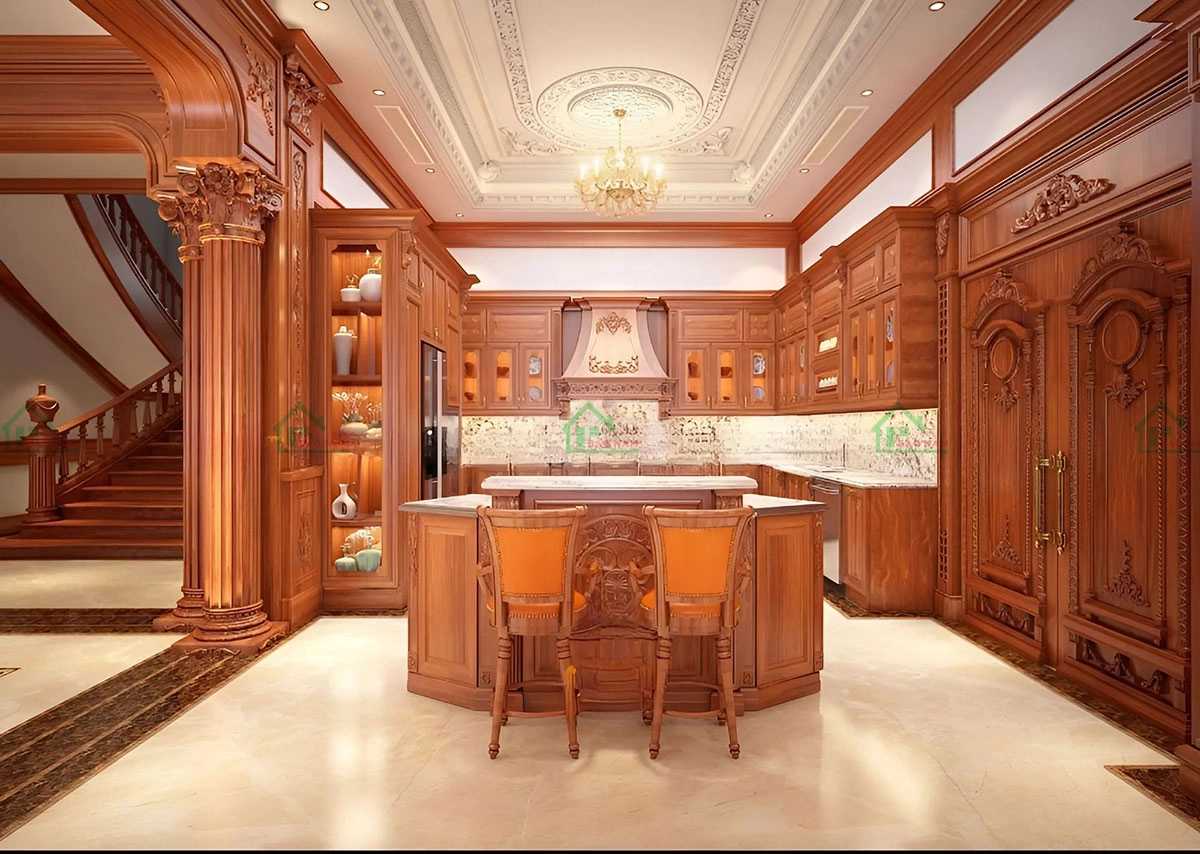 Thiết kế tủ bếp hiện đại từ gỗ gõ đỏ tự nhiên, vân gỗ độc đáo, bền đẹp theo thời gian, thể hiện đẳng cấp của gia chủ.