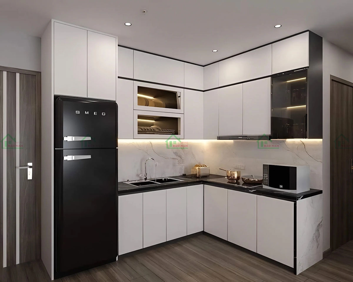 Tủ bếp gỗ công nghiệp MDF Melamine hiện đại, màu trắng phối đen nổi bật