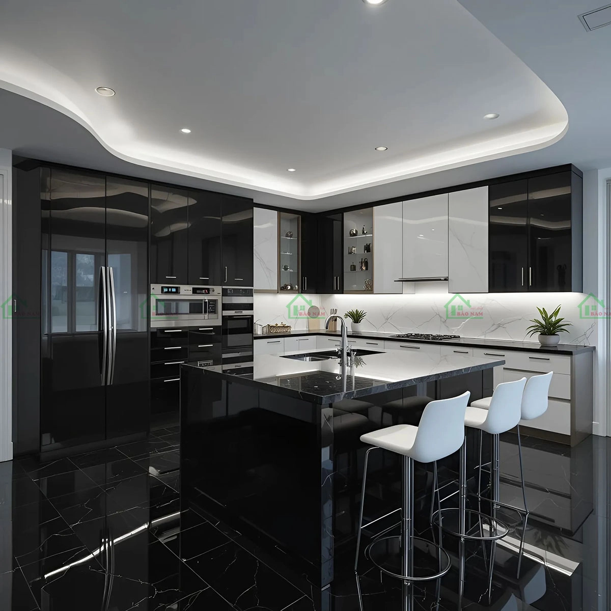 Tủ bếp Acrylic với bề mặt bóng gương sáng loáng, dễ lau chùi, tiết kiệm thời gian dọn dẹp nhà cửa.