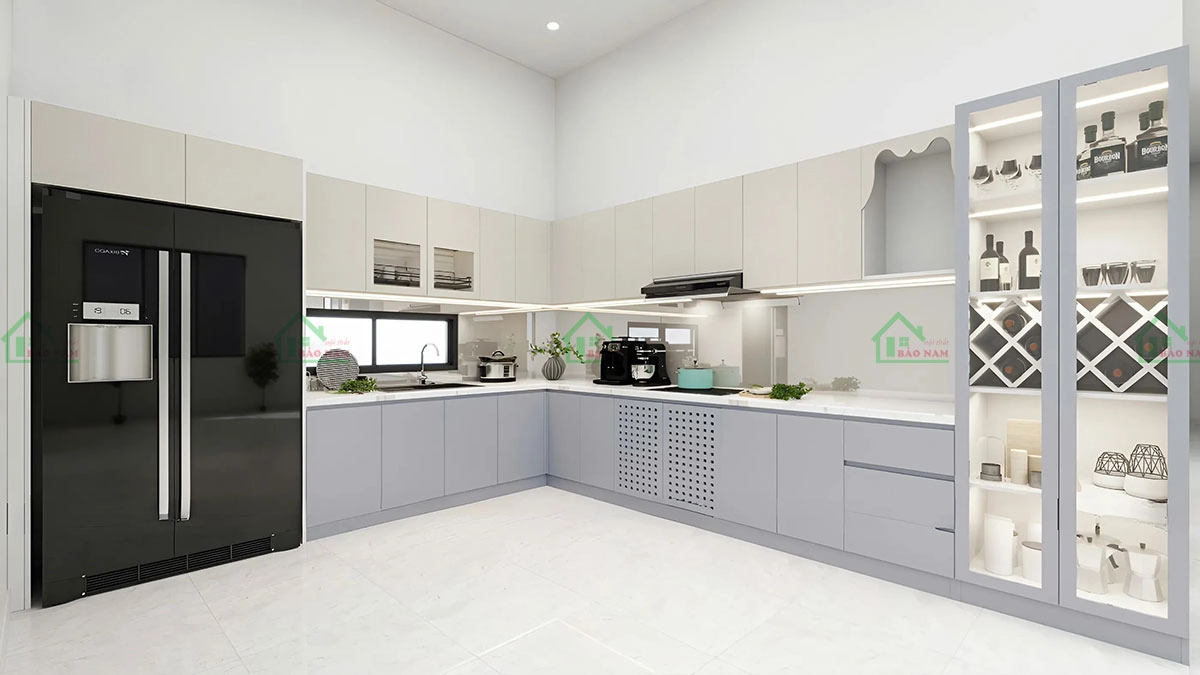 Tủ bếp Laminate với bề mặt chống trầy xước, chống thấm nước hiệu quả, bảo vệ tủ bếp luôn bền đẹp như mới.