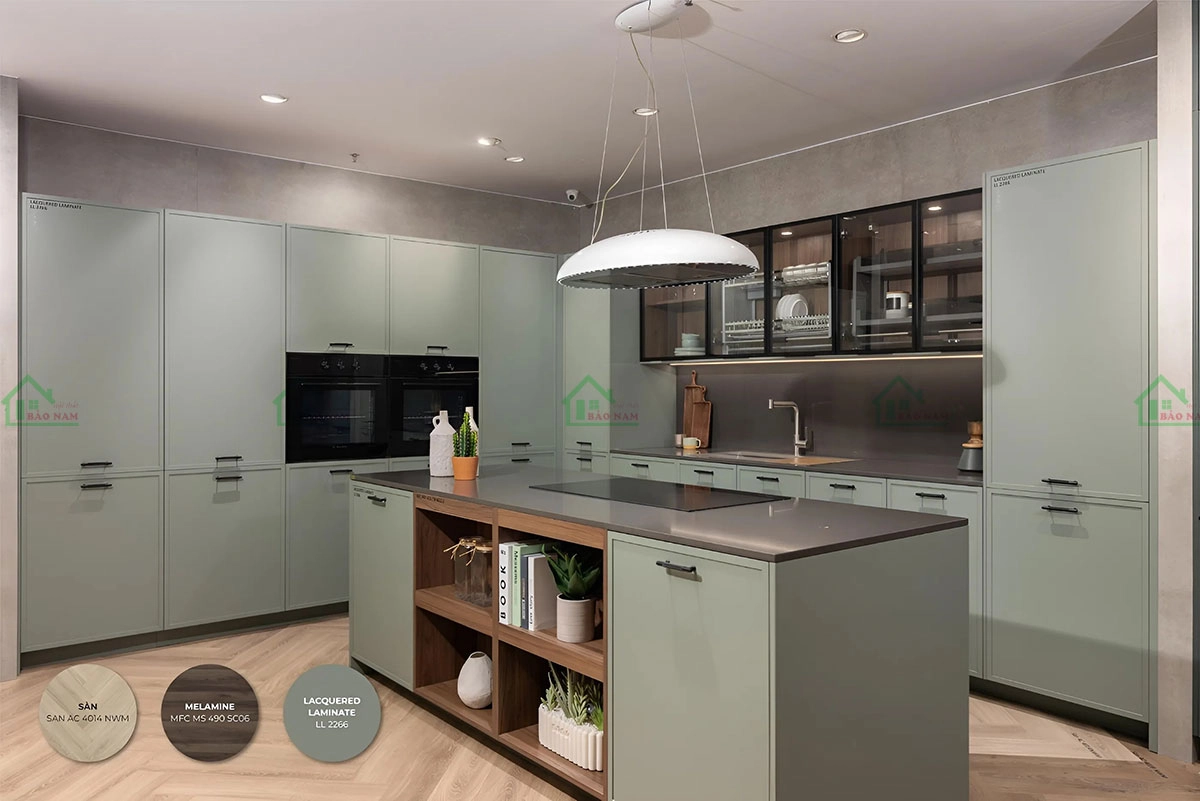 Tủ bếp Laminate màu pastel nhẹ nhàng, tạo không gian bếp tươi sáng và ấm áp.
