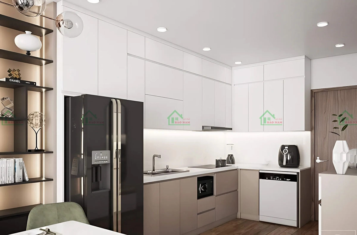 Thiết kế tủ bếp chữ L thông minh, tiết kiệm không gian, phù hợp với những căn hộ chung cư hoặc nhà phố có diện tích khiêm tốn.
