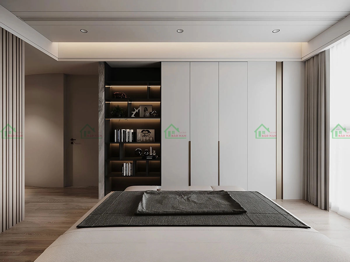 Tủ quần áo và kệ sách âm tường, tối giản và tinh tế, phù hợp với phòng ngủ hiện đại.