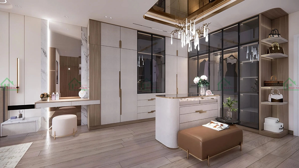 Tủ quần áo và bàn trang điểm liền kề, thiết kế hiện đại với chất liệu cao cấp, tạo điểm nhấn sang trọng cho phòng ngủ.