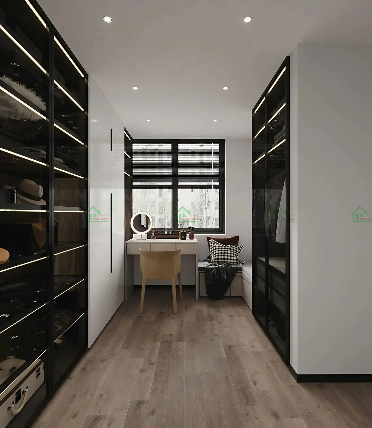 Tủ quần áo và bàn trang điểm liền kề, thiết kế tối giản với gam màu trung tính