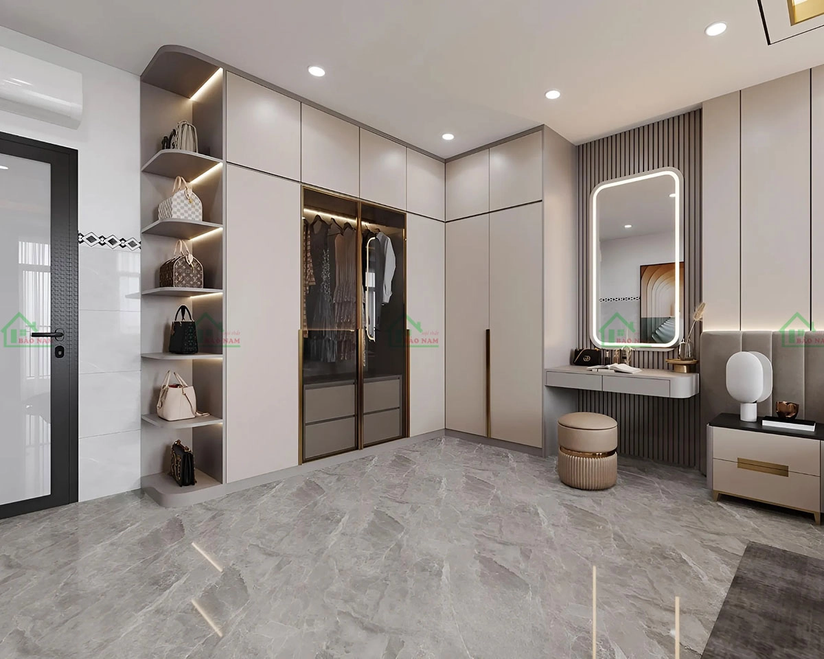 Tủ quần áo gỗ công nghiệp hiện đại với thiết kế tối giản, tích hợp bàn trang điểm và hệ thống đèn LED, tạo không gian lưu trữ và làm đẹp tiện nghi.