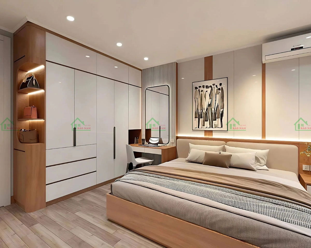 Tủ quần áo hiện đại với thiết kế hai tông màu trắng và gỗ tự nhiên, tạo nên vẻ đẹp sang trọng và tinh tế cho phòng ngủ.