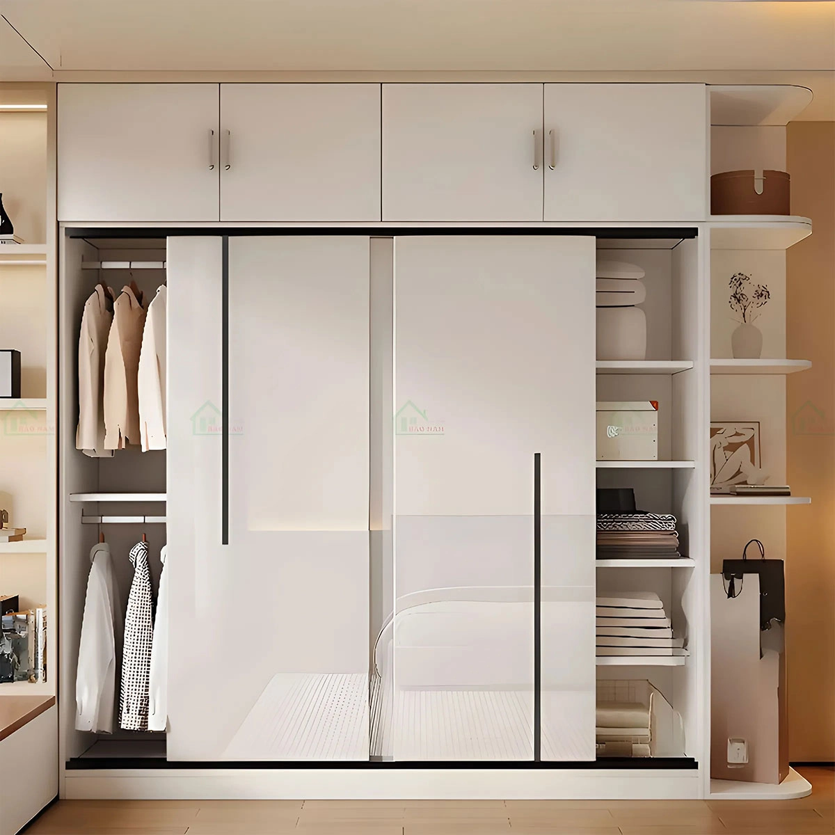 Tủ quần áo 3 cánh trượt acrylic bóng gương màu trắng