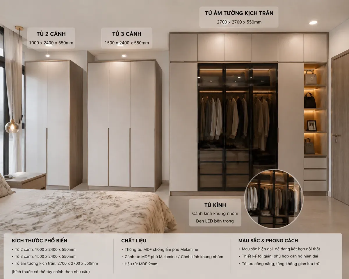 Ví dụ dự toán chi phí cho tủ 2 cánh, 3 cánh, âm tường và tủ cánh kính.