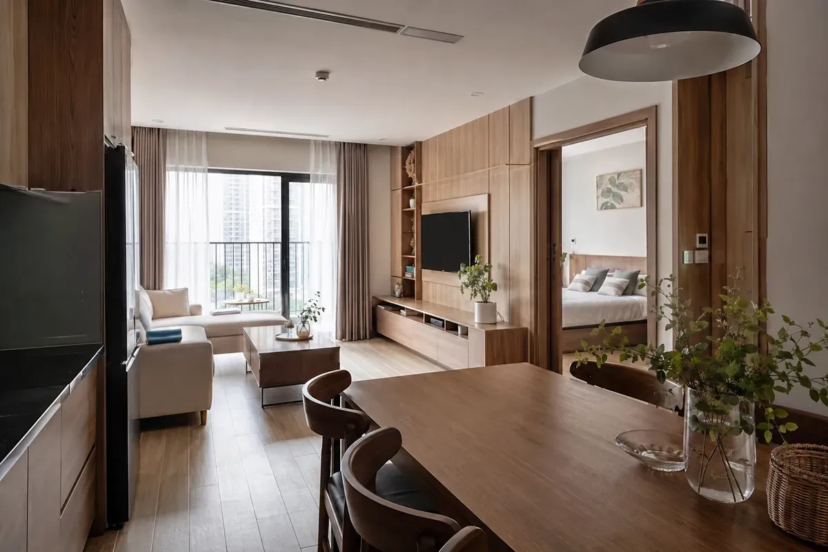 Hình ảnh công trình nội thất căn hộ 60m² đã hoàn thiện theo phong cách hiện đại.