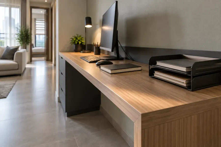 Dải hậu thấp giữ khu vực thiết bị gọn hơn mà không biến bức tường thành một hệ tủ nặng nề.