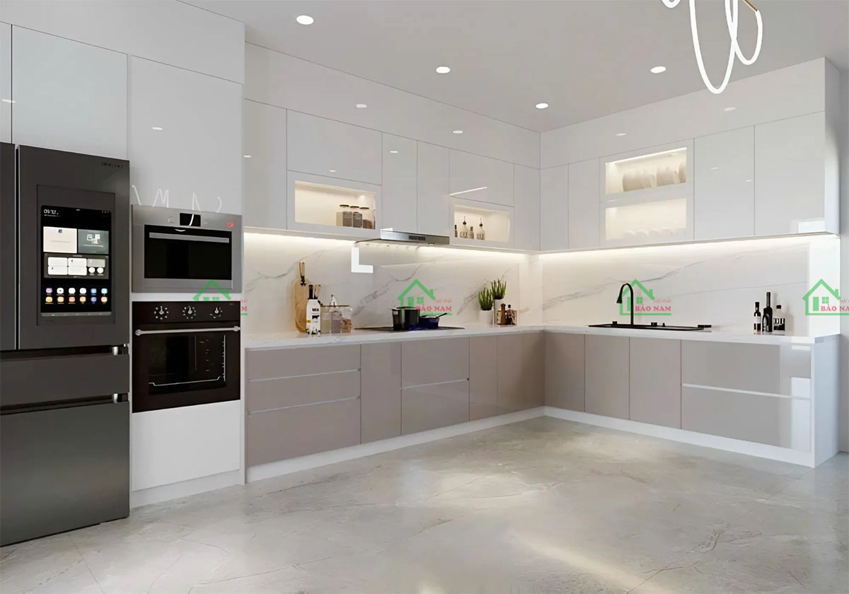 Mẫu tủ bếp acrylic chữ L hiện đại đẹp