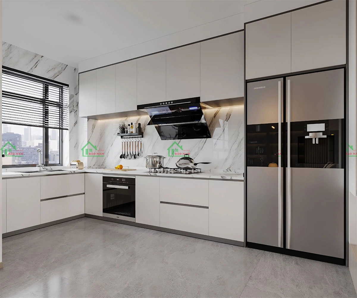 Tủ bếp MDF Melamine màu be đẹp hiện đại