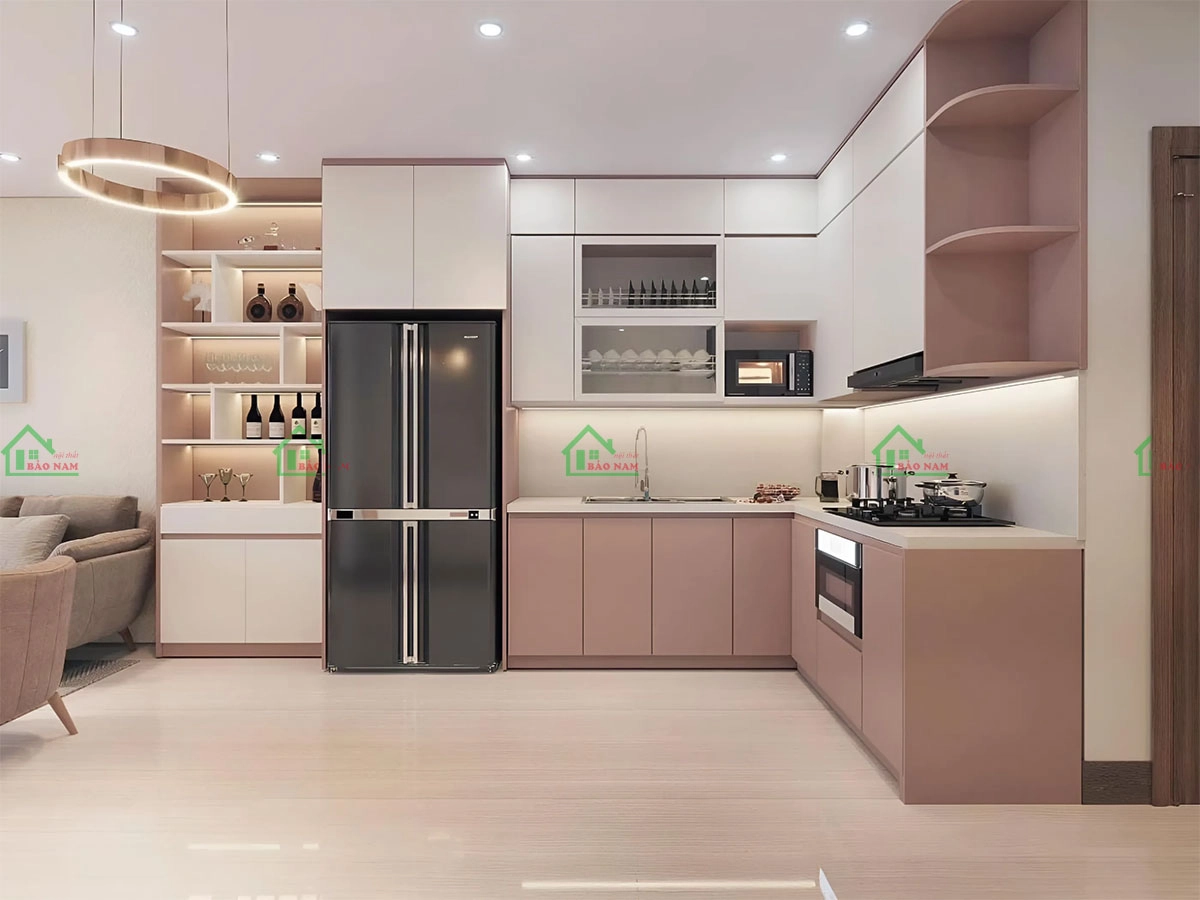 Mẫu tủ bếp tông màu hồng pastel dễ thương