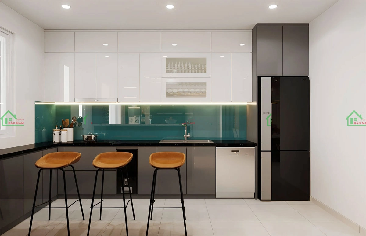Tủ bếp acrylic màu trắng phối xám sang trọng