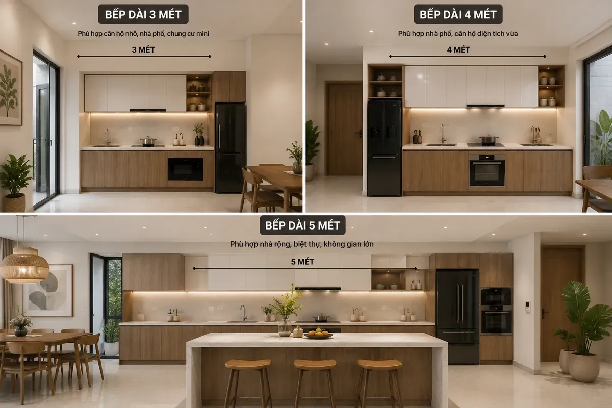Tủ bếp chiều dài 3m, 4m và 5m phù hợp với nhiều diện tích không gian bếp khác nhau.