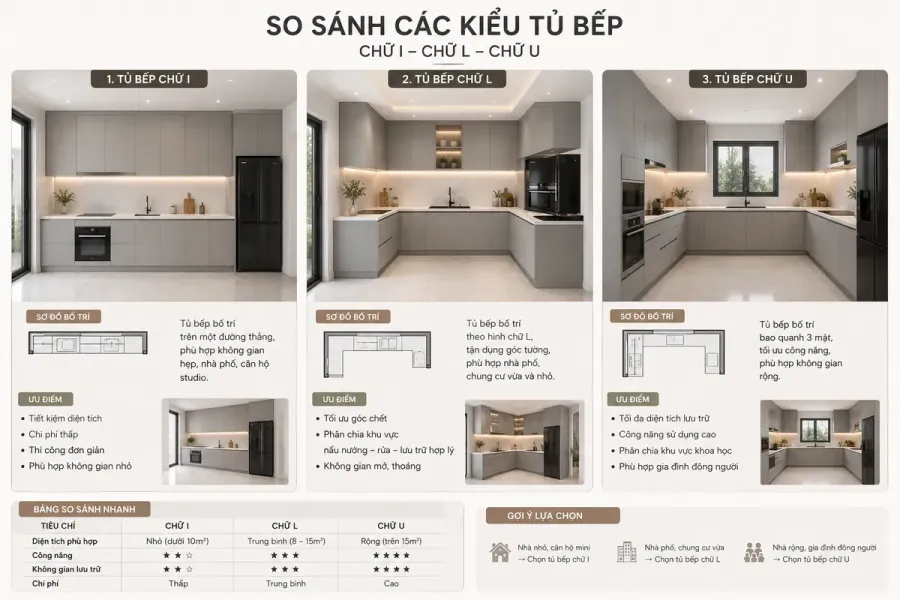 Kiểu dáng thiết kế ảnh hưởng lớn đến chi phí và công năng sử dụng của tủ bếp.