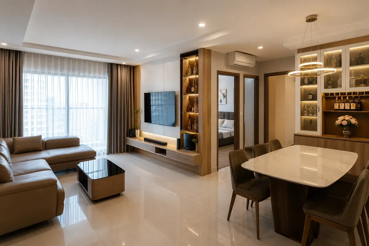 Giải pháp thiết kế và thi công nội thất đồng bộ cho căn hộ 3 phòng ngủ.