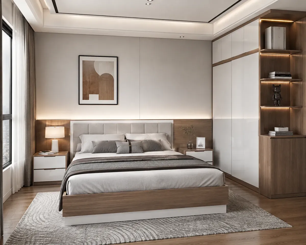Mẫu giường đôi MDF kích thước tiêu chuẩn phù hợp cho phòng ngủ vợ chồng hoặc phòng ngủ gia đình.