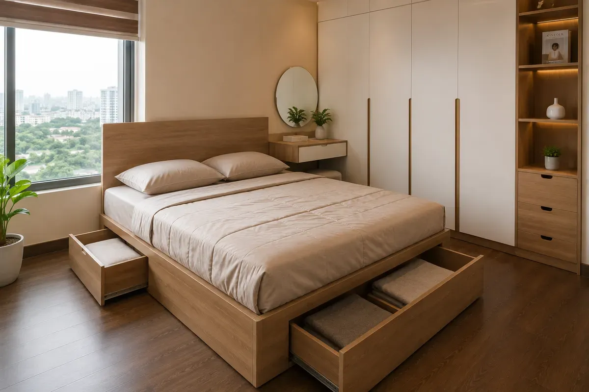 Giường ngủ tích hợp ngăn kéo giúp tối ưu không gian lưu trữ.