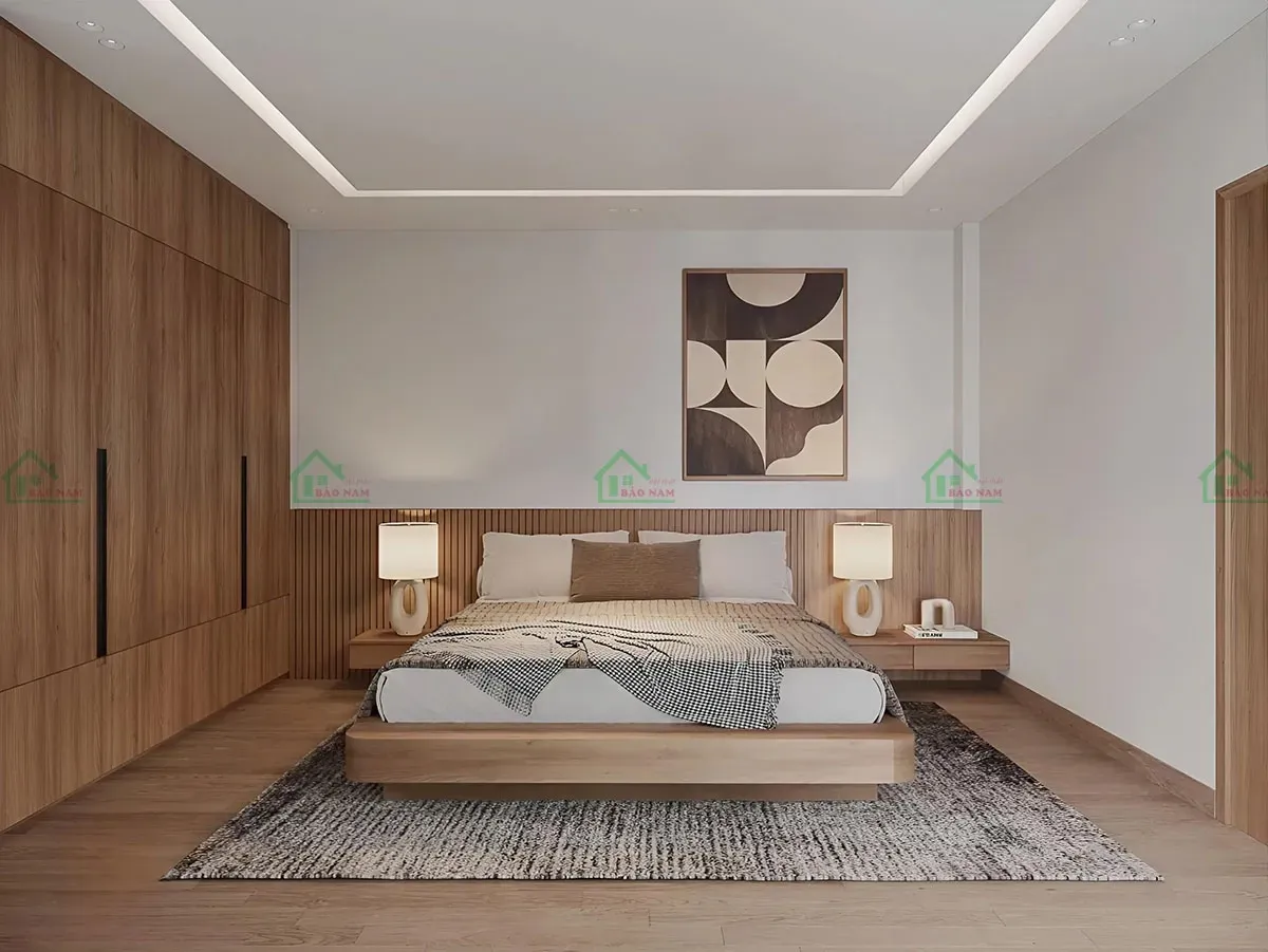 Giường gỗ công nghiệp mang phong cách hiện đại, tối giản và tối ưu công năng.