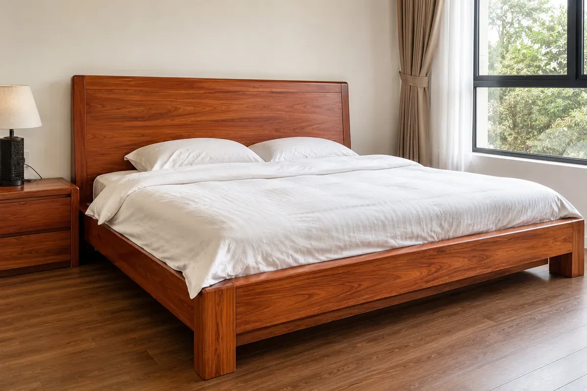 Mẫu giường gỗ gõ đỏ thiết kế đơn giản, chú trọng vẻ đẹp tự nhiên của vật liệu.